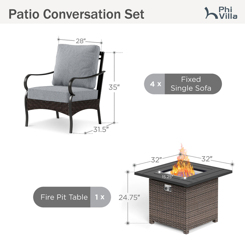 Phi Villa 4-Seater Outdoor Steel & Rattan Conversation Sofa Set With Square Fire Pit Table