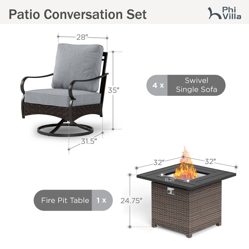 Phi Villa 4-Seater Outdoor Steel & Rattan Conversation Sofa Set With Square Fire Pit Table