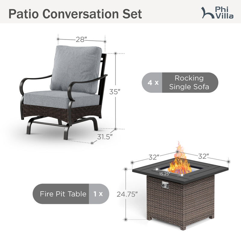 Phi Villa 4-Seater Outdoor Steel & Rattan Conversation Sofa Set With Square Fire Pit Table