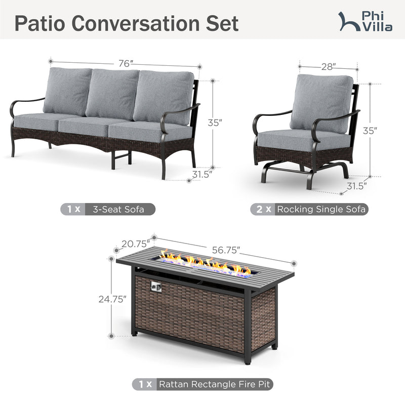 Phi Villa 5-Seater Outdoor Steel & Rattan Sofa Set With Rectangle Fire Pit Table