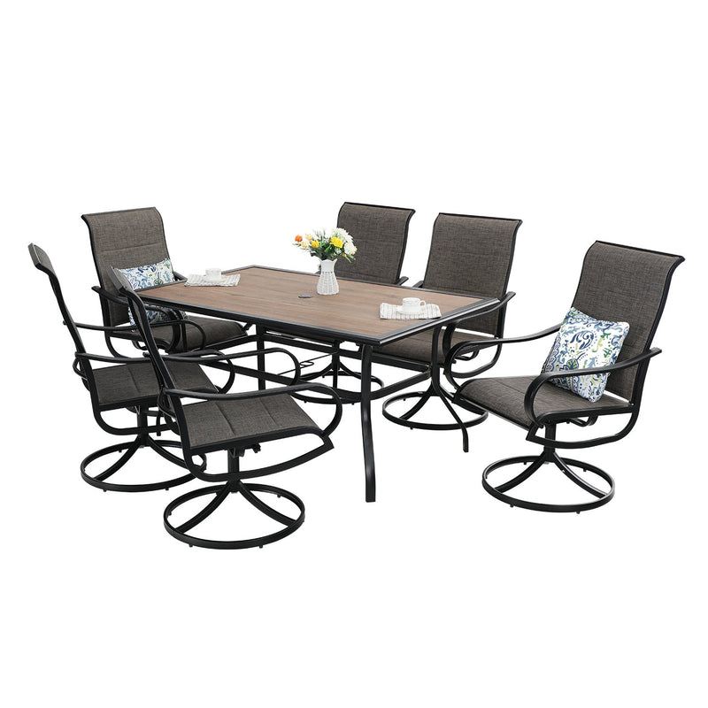 PHI VILLA 7-Piece Patio Dining Set With Wood-look Table and 6 Padded Textilene Swivel Chairs