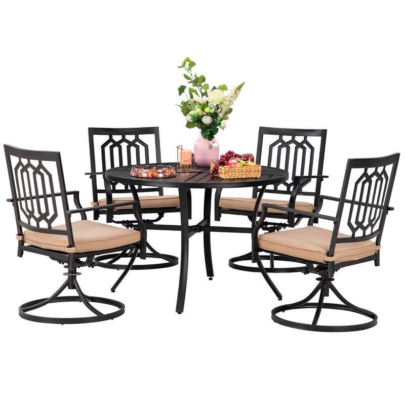 PHI VILLA 5-Piece Outdoor Dining Set 4 Swivel Chairs and Round Steel Slat Table