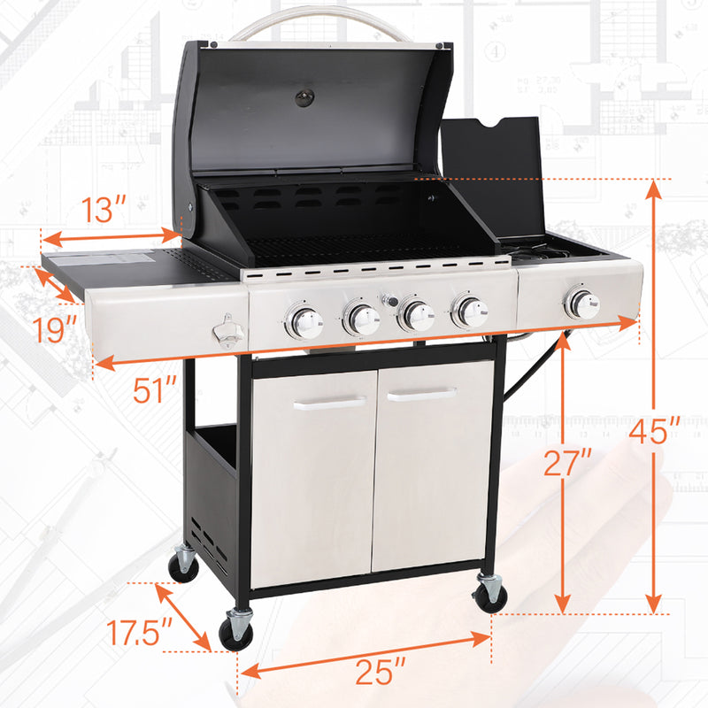 Patio Propane GAS Grill with 4 Burners & A Side Burner-Captiva Designs