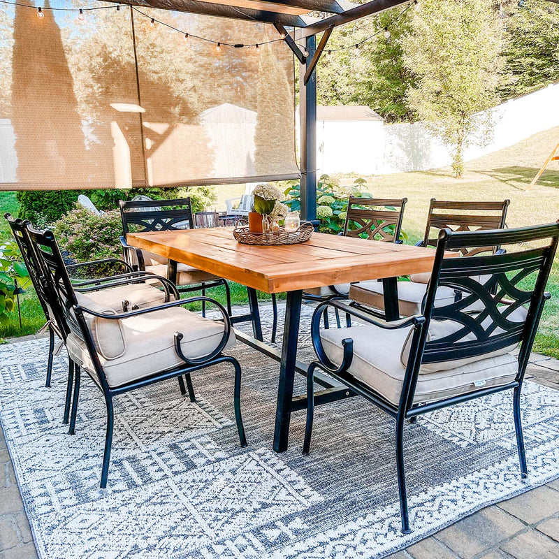 PHI VILLA 7 Piece Patio Dining Set with Acacia Wood Table & Steel Fixed Chairs