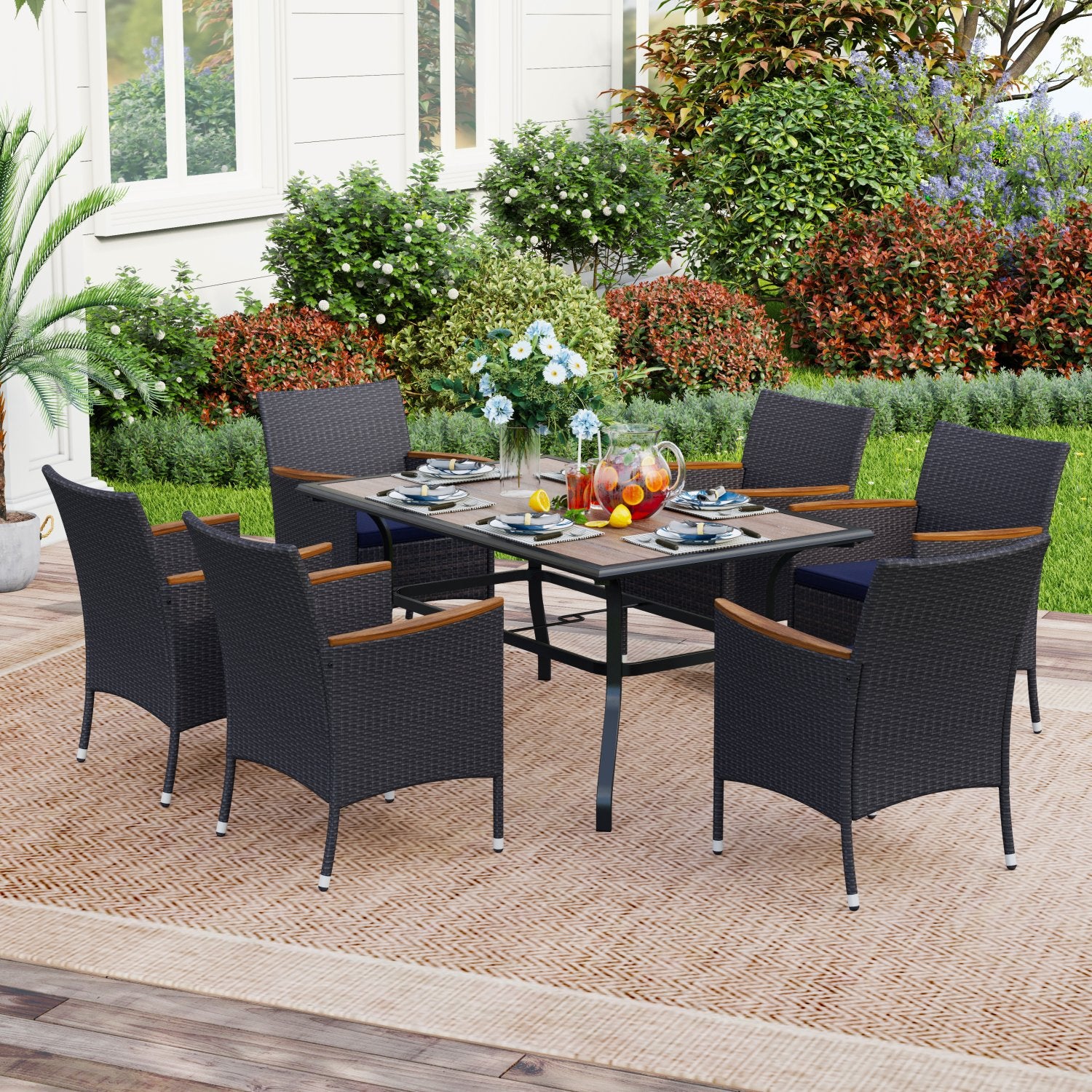 PHI VILLA 7-Piece Patio Dining Set With Wood-look Table & 6 Rattan Cus