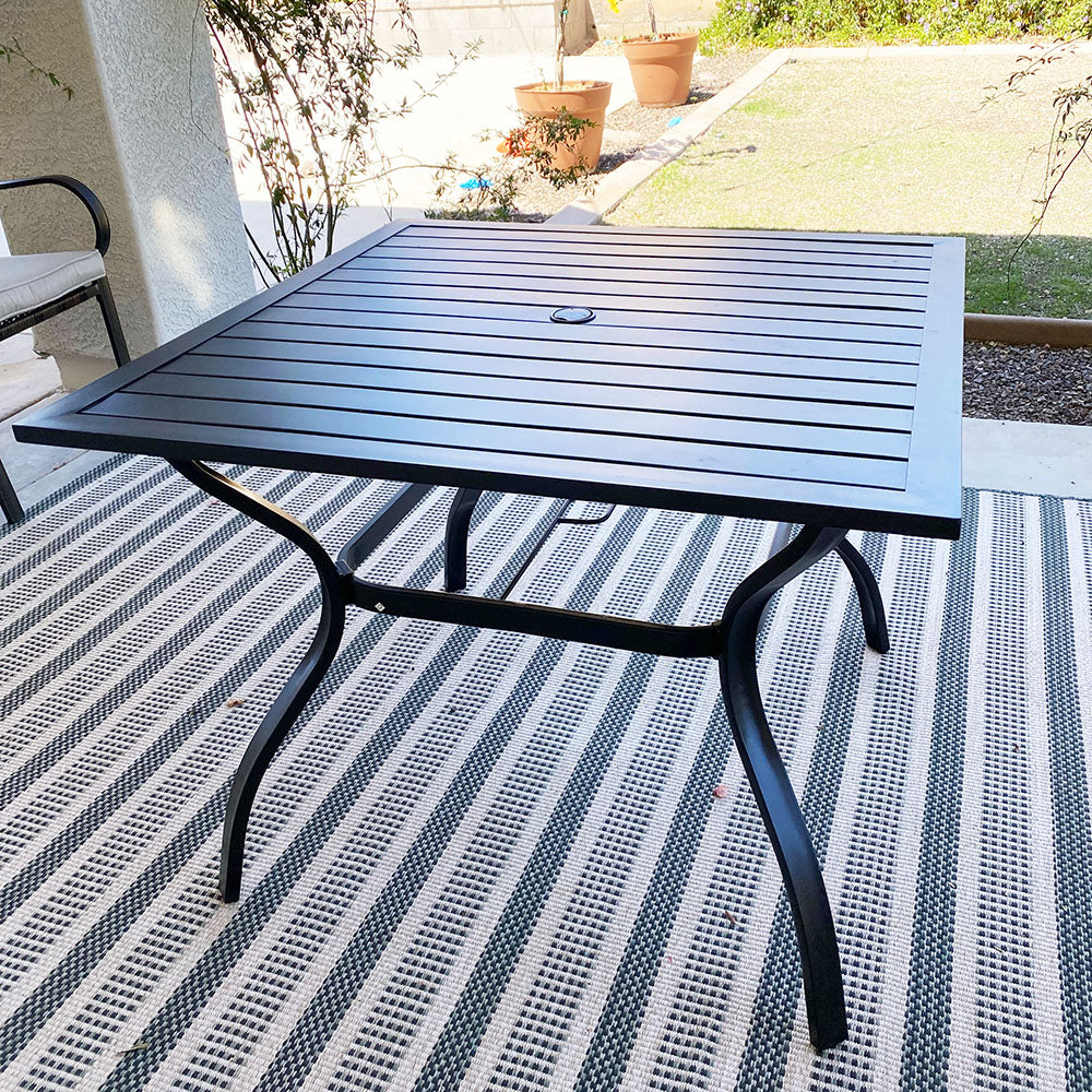 Metal outdoor dining table with umbrella hole sale