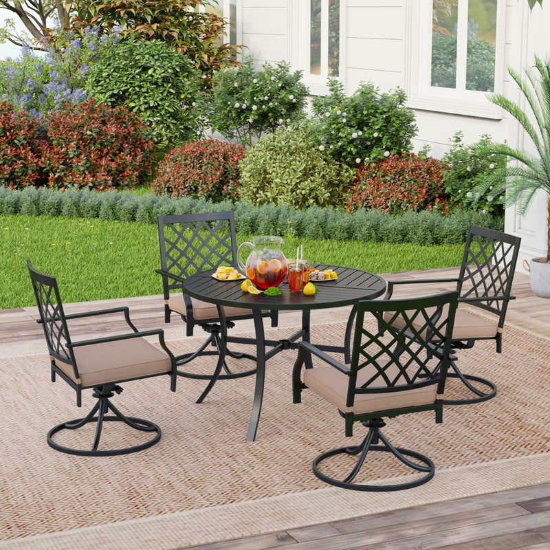 PHI VILLA 5 Piece Outdoor Dining Set 6 Swivel Chairs and Round Steel Slat Table