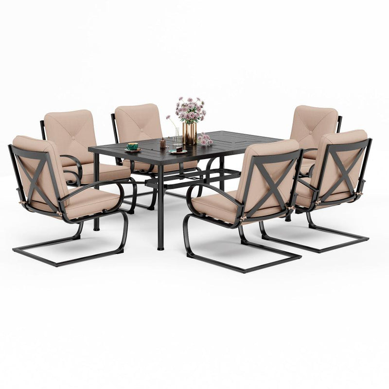 PHI VILLA 7-Piece Outdoor Dining Set With Steel Panel Table & 6 C-Spring Chairs